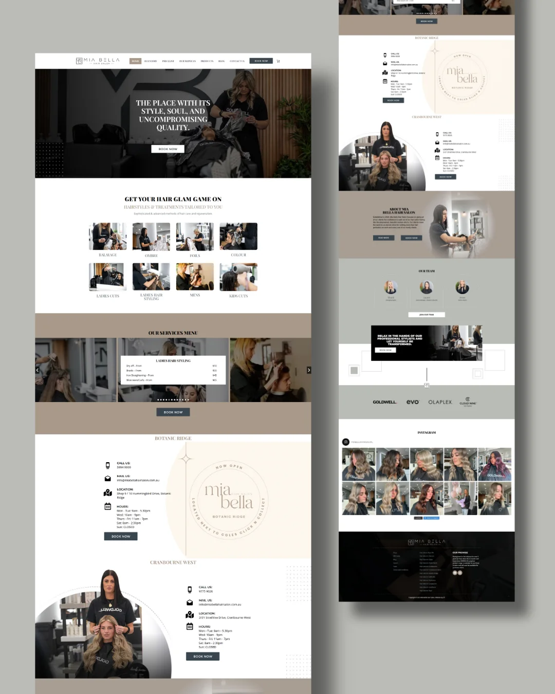 Luxury hair salon website design showcasing services, stylist profiles, client results, and booking sections