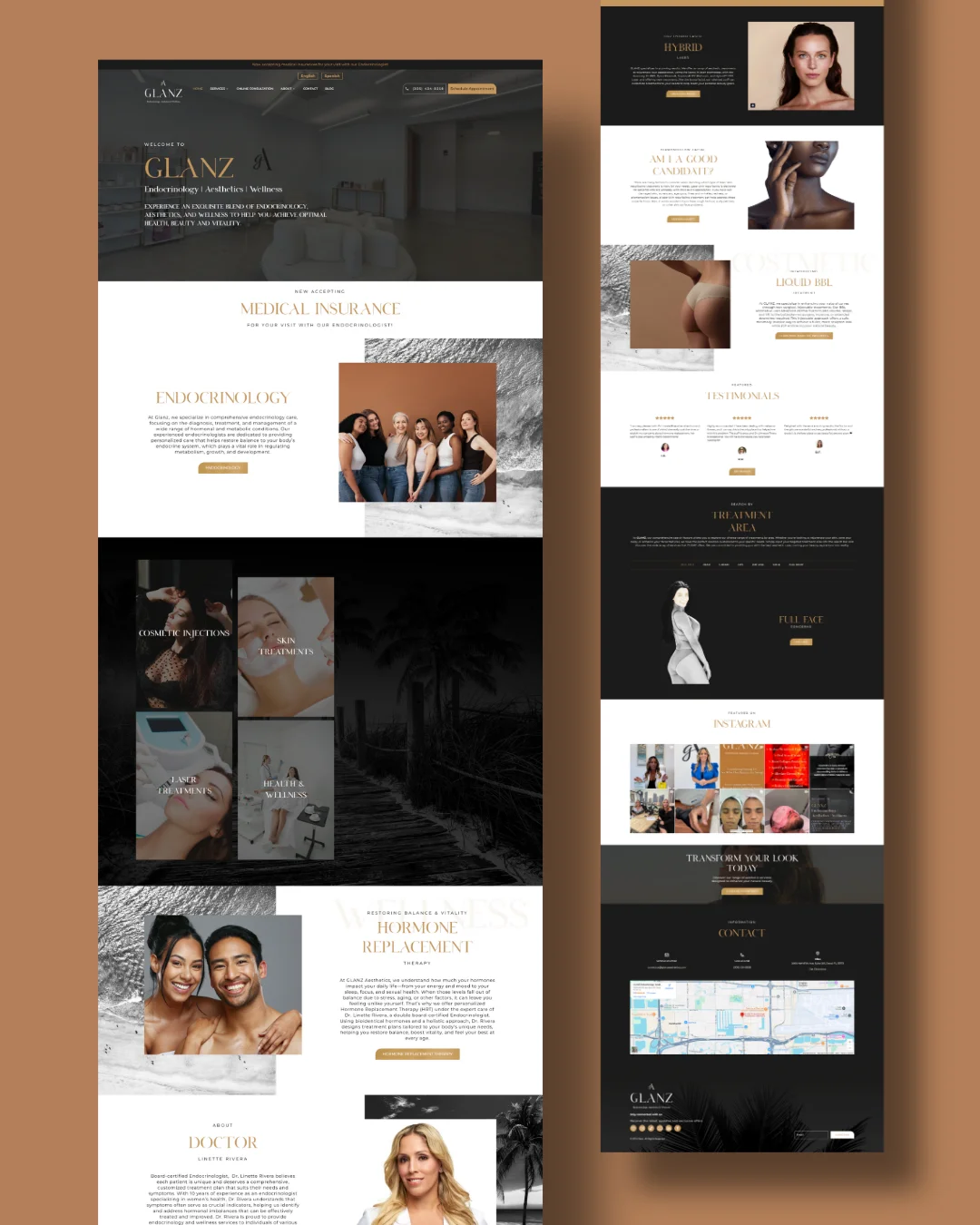 Luxury MedSpa and aesthetics website design showcasing treatments, services, testimonials, and booking sections